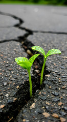 Close-up of two delicate green sprouts breaking through cracked asphalt, adorned with water droplets, symbolizing resilience and new beginnings.