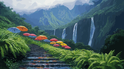 Retro tourism artwork of a lush mountain valley in monsoon, waterfalls cascading beside a misty pathway lined with bright umbrellas and dripping ferns
