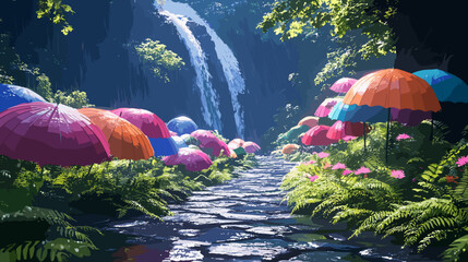 Retro tourism artwork of a lush mountain valley in monsoon, waterfalls cascading beside a misty pathway lined with bright umbrellas and dripping ferns
