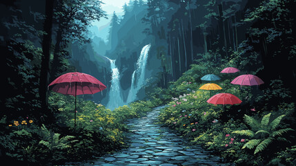 Retro tourism artwork of a lush mountain valley in monsoon, waterfalls cascading beside a misty pathway lined with bright umbrellas and dripping ferns
