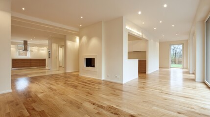 Fototapeta premium Modern living room with wooden floors and neutral walls, showcasing minimalist design and open space. 