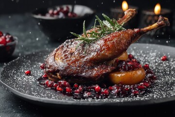 Gourmet dining duck confit with baked pear and cranberry sauce on a dark plate against a black background