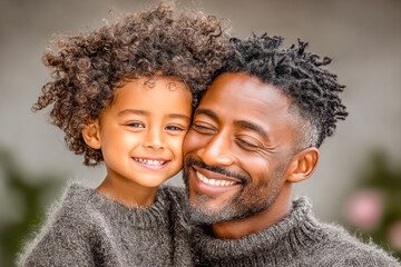 African American man holding smiling child in cozy sweaters with warm expressions and joy