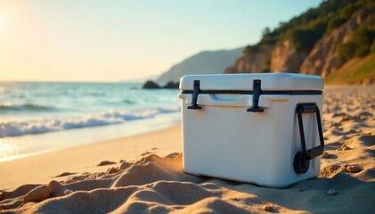 A sleek, modern cooler, perfectly sized for a solo adventure, sits on a sun-drenched beach, ready for a refreshing beverage Ideal for camping, picnics, or a day at the lake , cooler, water