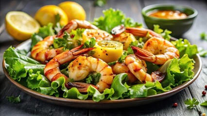 Close-up shot of a succulent grilled shrimp on a bed of crisp lettuce leaves
