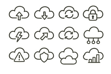 Cloud computing icons set with upload, download, security, and analytics symbols