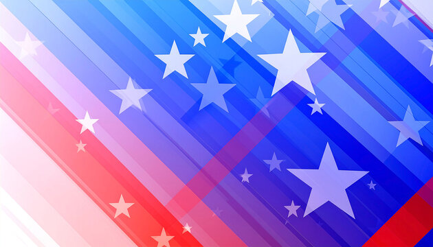 Abstract patriotic design with diagonal stripes in red, white, and blue, overlaid with white stars of varying sizes and transparency