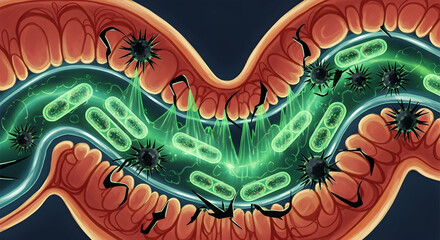 Intestinal Flora: Illustration of Bacteria, Viruses, and Gut Lining