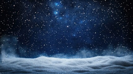 Enchanting winter night scene with snow-covered ground under a starry blue sky