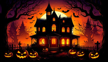 A haunted Victorian mansion glows ominously under a full moon, surrounded by spooky trees, carved pumpkins, and flying bats.  A graveyard fence is visible in the foreground