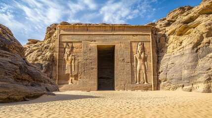 Ancient Egyptian Temple of Amun, carved in sandstone cliff, Nubia, Sudan