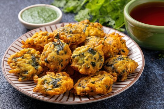 Gujarati snack options Fulwada Methi bhajiya gota and pakoda with chutney Monsoon treat displayed on a white background