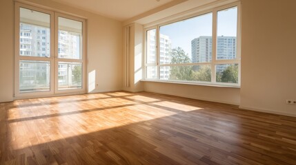 Fototapeta premium Modern living room with wooden floors and neutral walls, showcasing minimalist design and open space. 