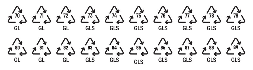 WebRecycle vector symbols in green color. Recycling codes for plastic, paper and metals as well as other materials vector icon full set.