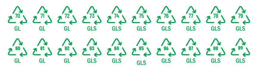 WebRecycle vector symbols in green color. Recycling codes for plastic, paper and metals as well as other materials vector icon full set.