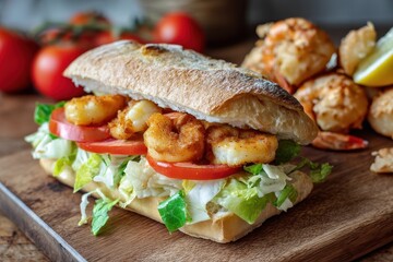 Haddock sandwich with lettuce tomato and shrimp poppers