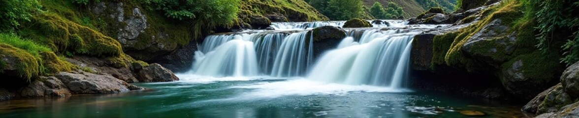Obraz premium A cascading waterfall flows over mossy rocks, its water traveling down a rugged, natural landscape The scene is vibrant and alive with the power of nature's artistry , flowing, relaxation, pristine