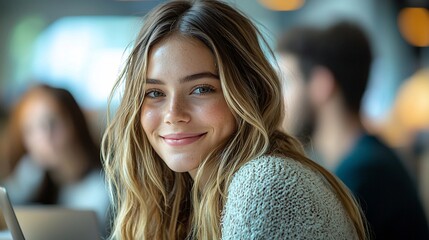 Young woman smiles warmly, sitting amidst blurred background of people and laptops