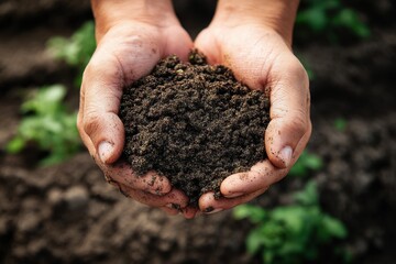 Hands gripping soil for planting with space for text