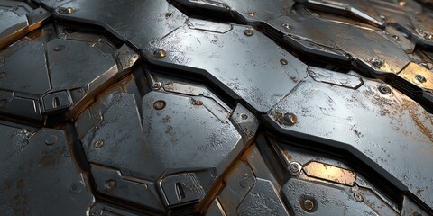 futuristic military armor texture, overlapping plates and battle scratches, sci-fi steel surface