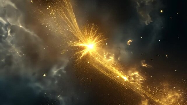 Golden celestial entity bursts through dark nebula, leaving fiery trail