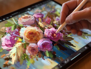 digital painting in progress on tablet showing colorful flower bouquet, stylus in motion