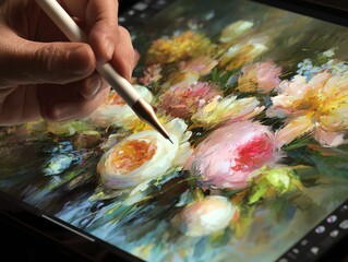 digital painting in progress on tablet showing colorful flower bouquet, stylus in motion