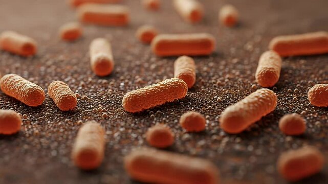 Microscopic View Of Rod Shaped Orange Bacteria On Brown Background