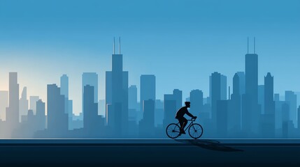 silhouette of a cyclist riding through city street, urban skyline in background, flat vector minimalism