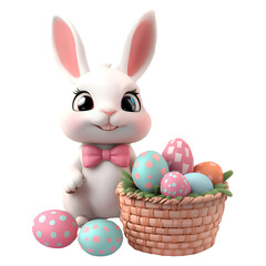 Cute 3D Easter Bunny with Colorful Eggs in Basket – Transparent Background PNG for Holiday Cards, Kids Designs, and Spring Celebrations.