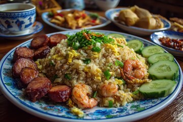 Fototapeta premium Khao khluk kapi is a Thai dish of fried rice mixed with shrimp called kapi typically accompanied by sides like sliced cucumber and fried Chinese sausage