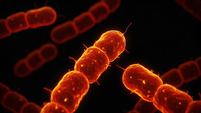 Red Microscopic Bacteria Cells Forming Chains on Black Background Microbiology Scientific Exploration for Medical Illustration and Pharmaceutical Research