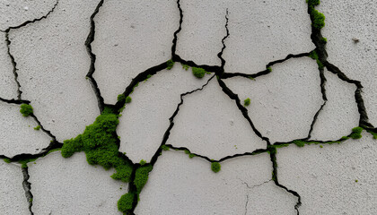 Obraz premium Abstract texture of aged wall with deep cracks and moss growing in the crevices, ideal for background or environmental themes