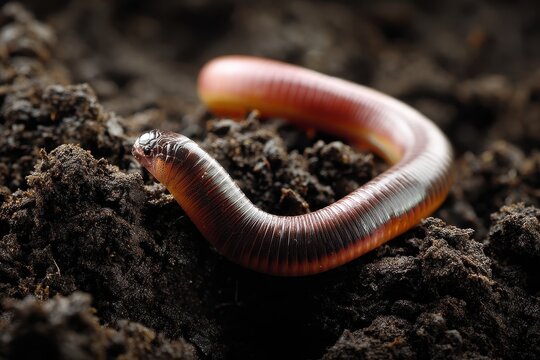 Large lovely earthworm in dark soil zoomed in
