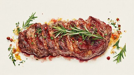 A perfectly grilled steak, richly browned with grill marks, rests on a white surface, adorned with sprigs of rosemary, a flavorful sauce, and scattered herbs and spices