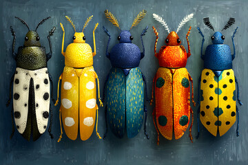 Colorful beetles standing in a row with unique patterns