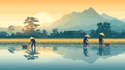 Classic poster-art of rural farmers planting rice seedlings in flooded fields under steady rain, traditional conical hats and water reflections in bold flat colors