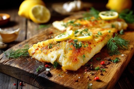 Lemon hoki and fried hake on a wooden surface
