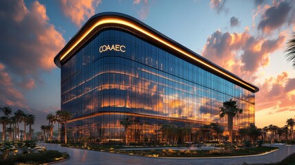 Obraz premium Luxurious office tower with cascading terraces in Dubai architectural style, company name COATEC prominently displayed in enormous letters at building crown, each letter must be crystal clear, Greek b