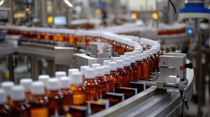 Beverage assembly line with bottles being filled, capped, and labeled in sequence