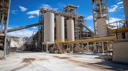 Obraz premium Cement factory facility with silos, conveyor belts, and dusty industrial surfaces