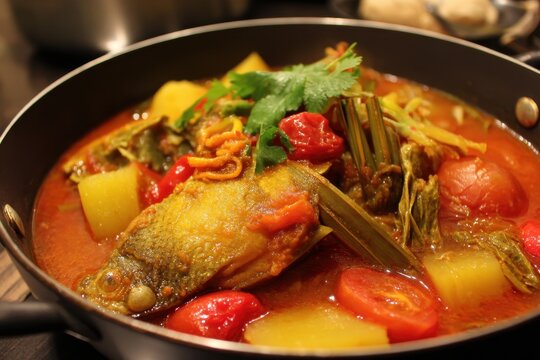 Pindang Ikan a sweet and sour fish stew from South Sumatera is prepared in an aluminum wok and includes fish bay leaves tomato pineapple and various spices