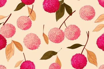 Pink lychee elements on a beige background ideal for healthy eating themes Suitable for wallpaper and fabric illustrated in a flat hand drawn style