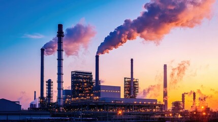 Obraz premium Exterior of industrial plant at dusk with illuminated towers and heavy smoke exhaust