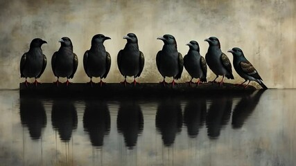 Eight dark birds perched on a log over still water, reflected perfectly - Powered by Adobe
