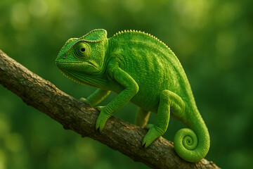 Obraz premium Vivid Green Chameleon Perched on Branch with Blurry Background