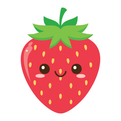 Obraz premium A cute strawberry with a smiling face and detailed features. The strawberry is bright red with green leaves and small seeds