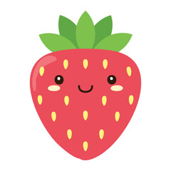 Fototapeta premium A delightful, animated strawberry character with a charming smile. The vibrant red fruit has green leaves and cute, cartoon-like features.