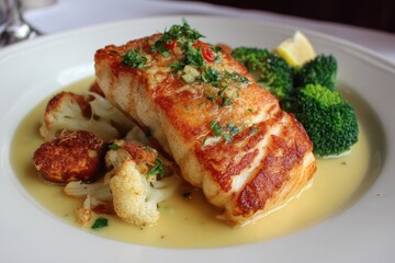 Sautéed red snapper in organic butter with crab cake veggies and potatoes a popular dish in American and French dining