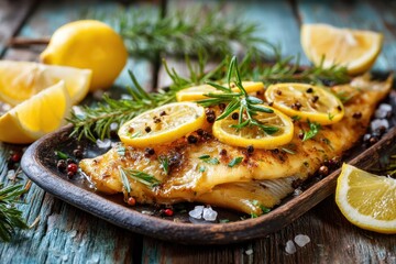 Savory roasted brill garnished with lemon and herbs Seafood treat